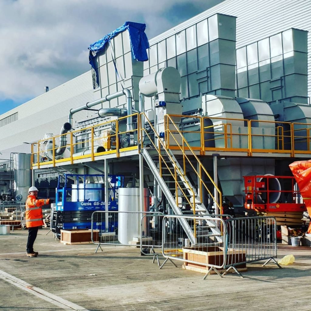 Steelwork and plant platform erected around machinery at the Peterborough leather factory