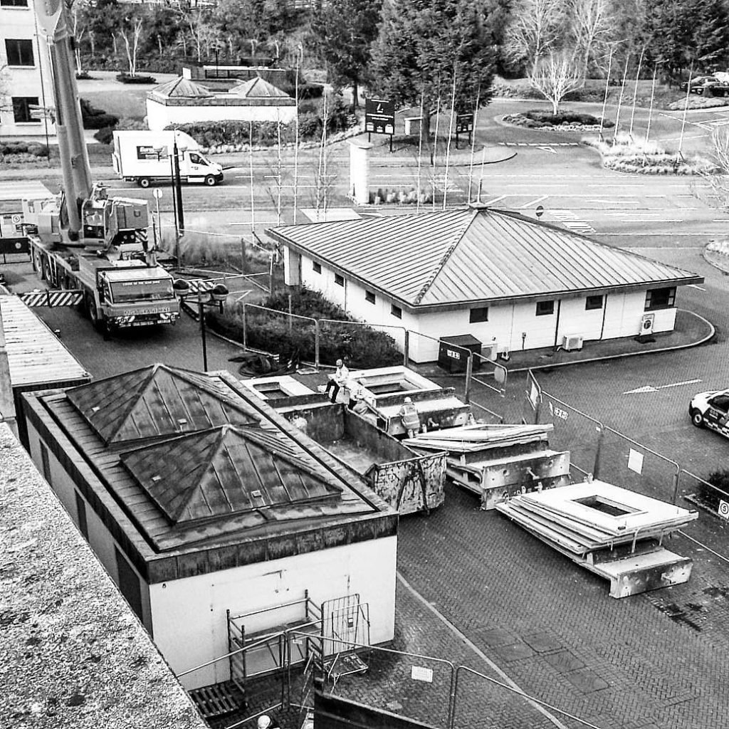 Aerial view of the BAE Systems site in Farnborough during concrete panel dismantling