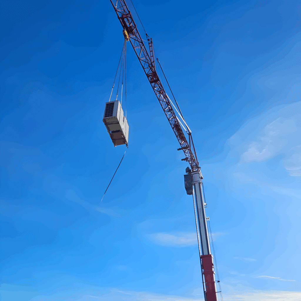 Rooftop unit on the hook of the mobile tower crane
