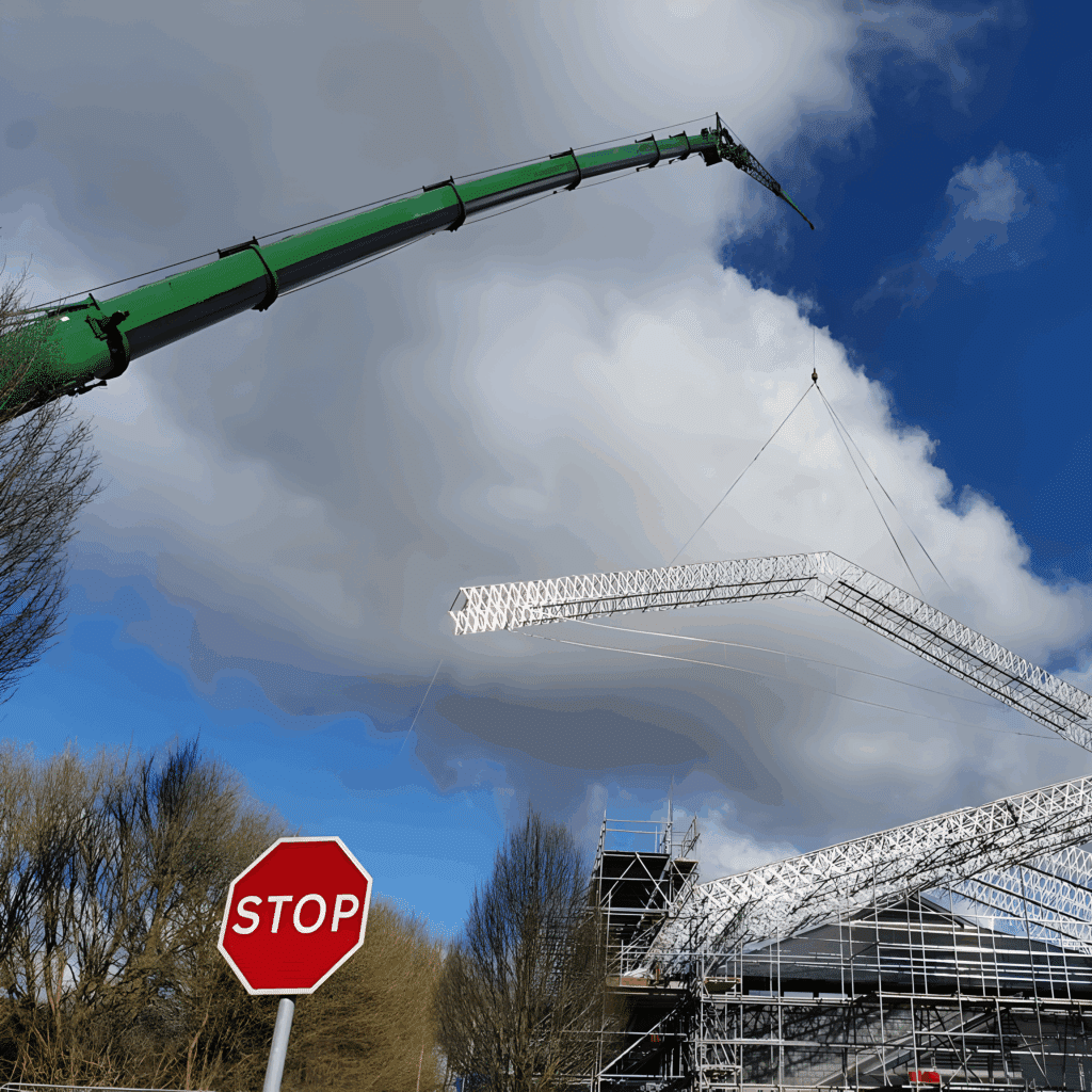 Mobile crane lifting a scaffolded roof section over the gymnasium at Tidworth