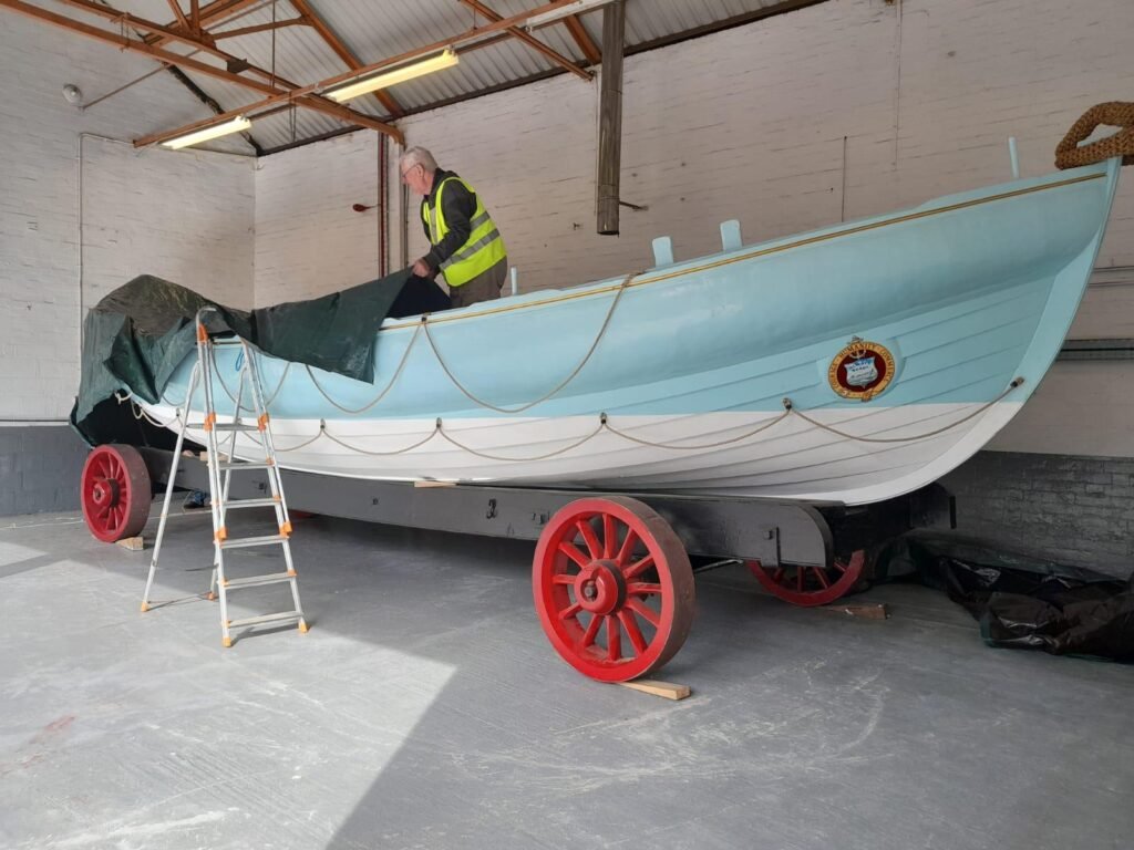 The Bedford on her carriage inside the restoration workshop in South Shields