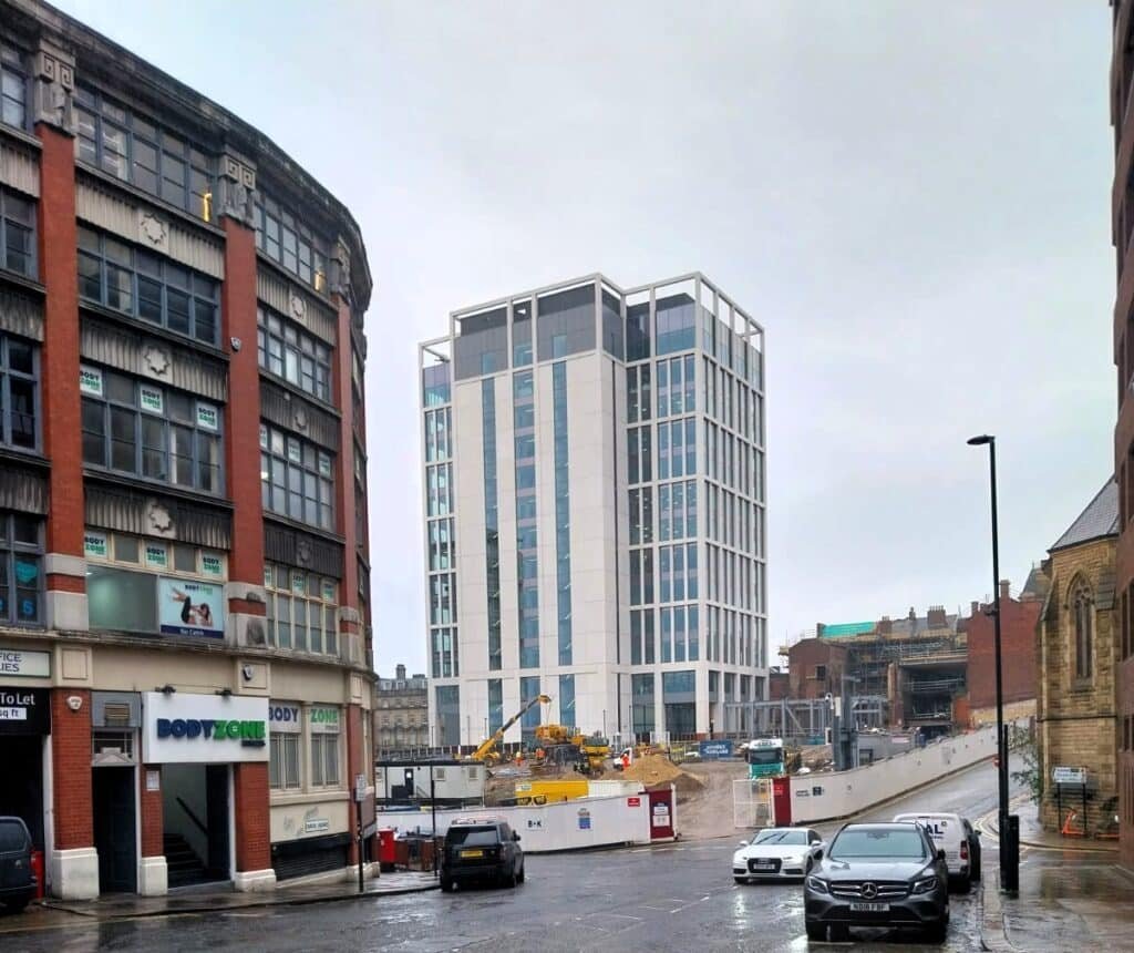 The 64m building in Newcastle city centre, seen from street level