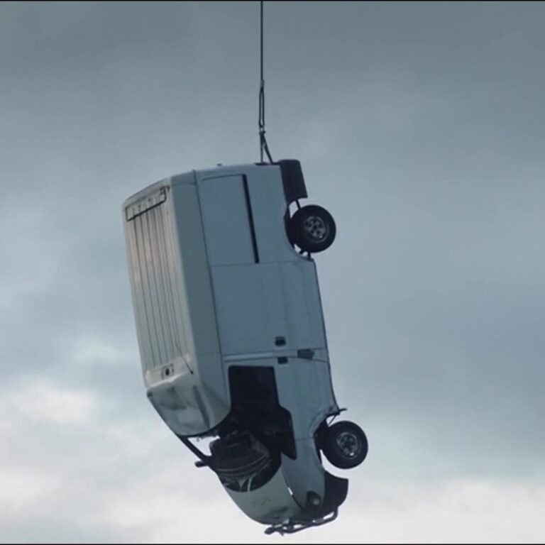 Van hanging from the crane hook above Greenfoot Quarry in a scene from ITV's Vera
