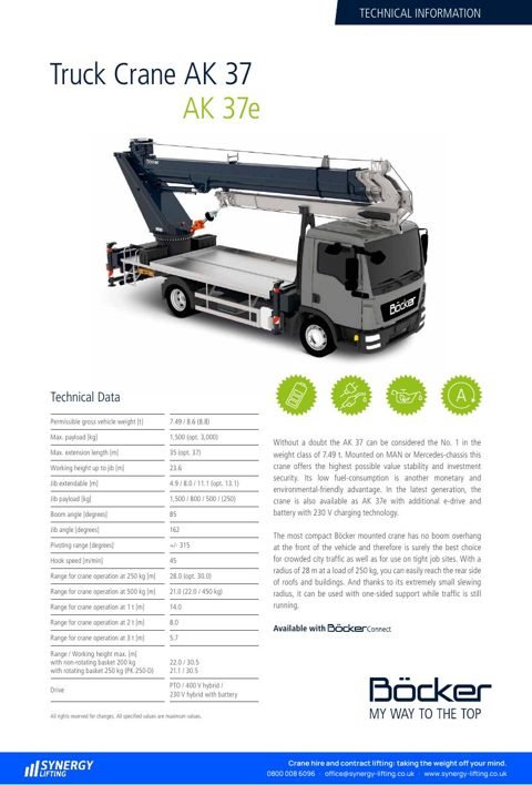 First page of the Böcker AK 37 specification sheet