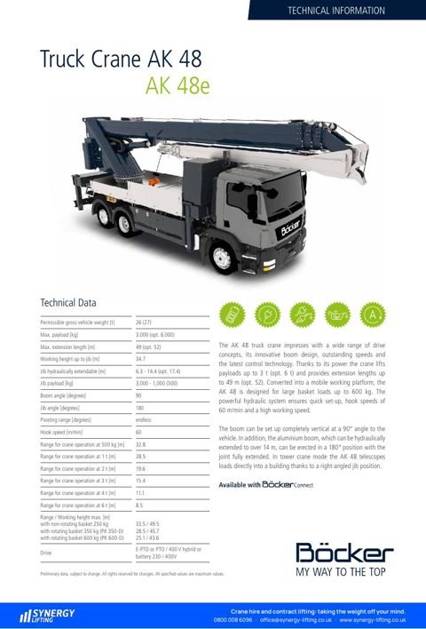 First page of the Böcker AK 48 specification sheet