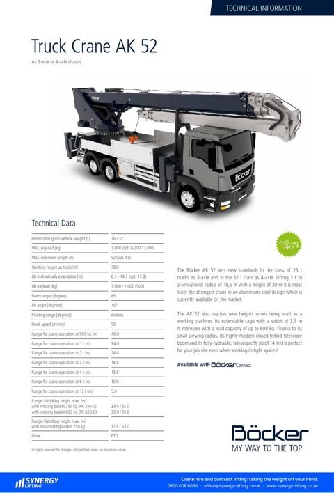First page of the Böcker AK 52 specification sheet