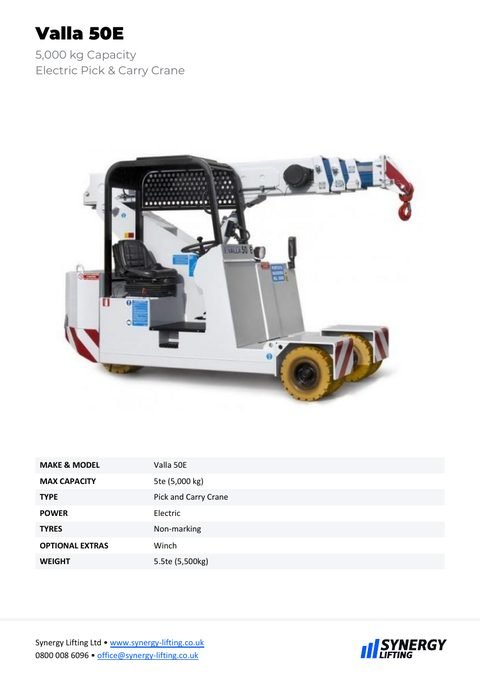 First page of the Valla 50E specification sheet