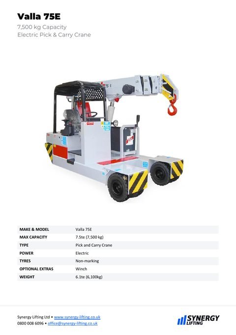First page of the Valla 75E specification sheet